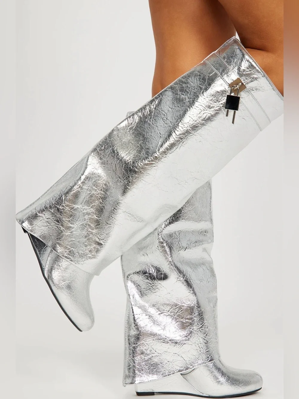 NWOB Fashion Nova Metallic Silver Knee-High Wedge Boots Size 9